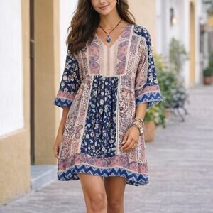 Sundance SZ S My Favorite Dress Patchwork Floral Print Ladder Lace